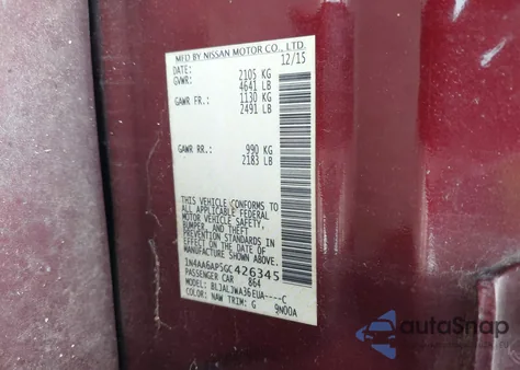 2016 Nissan Maxima 3.5 Sv из США, поврежденный, VIN 1N4AA6AP5GC426345